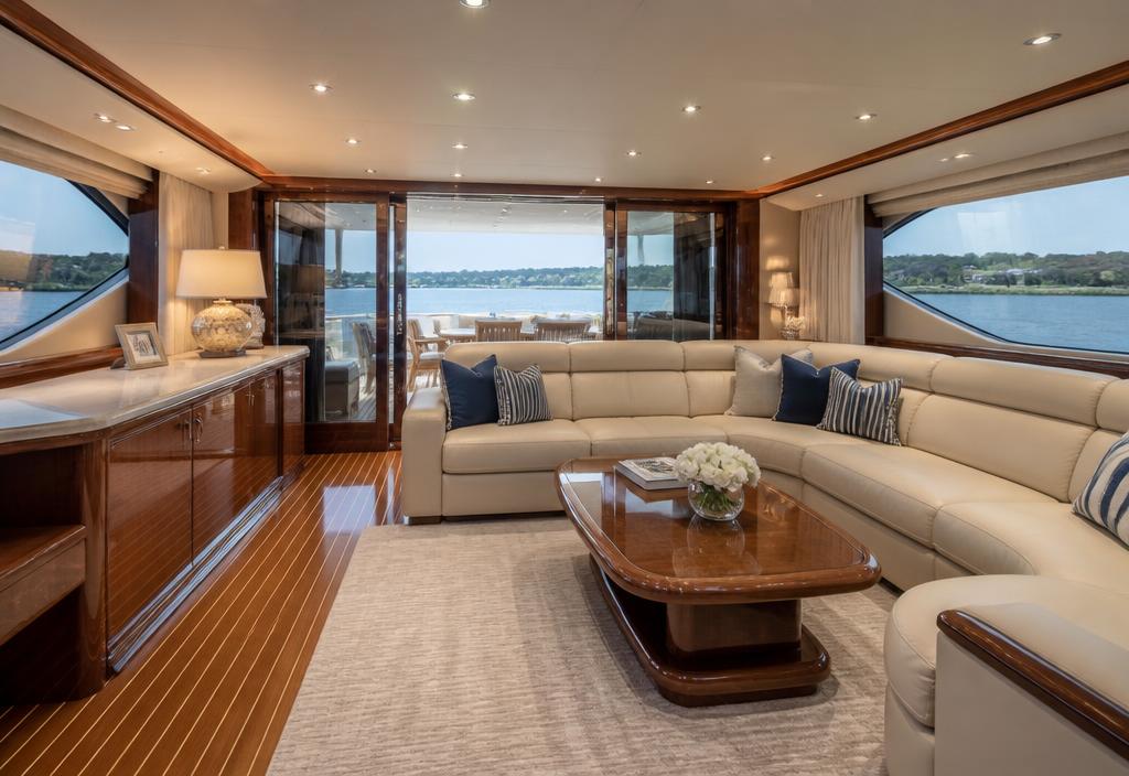 Immaculate yacht salon with cream leather seating and polished teak