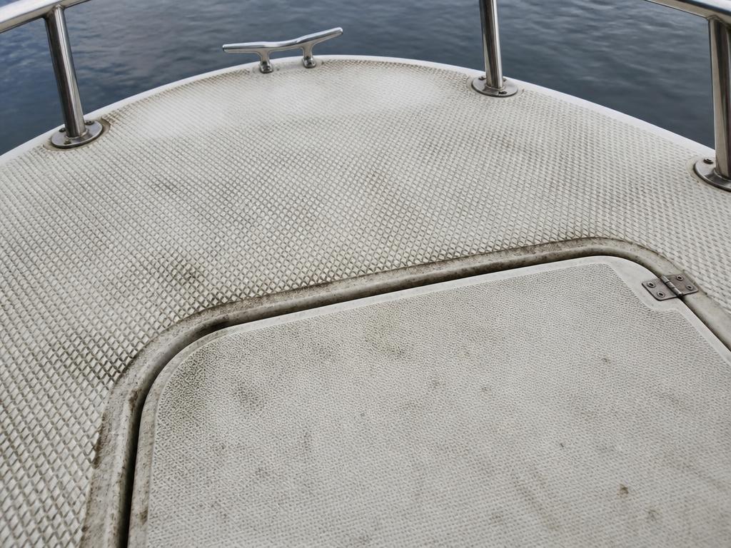 Grimy stained non-skid boat foredeck before cleaning