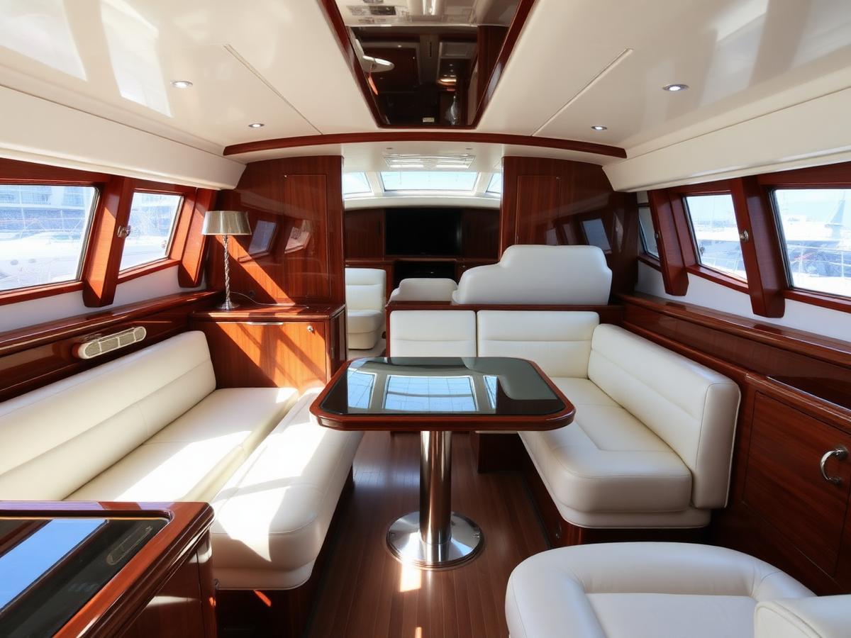 Yacht salon with glossy joinery and clean cream leather seating