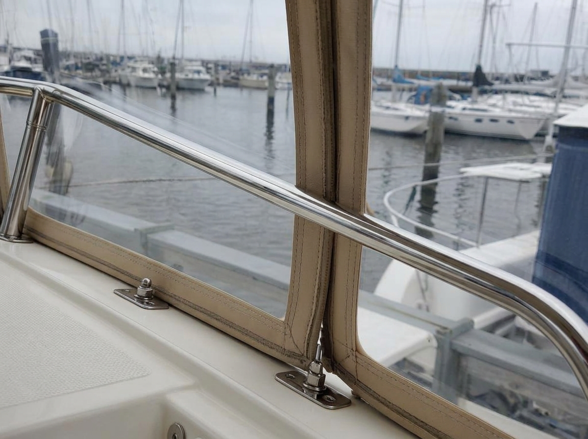 Mirror polished stainless rail and crystal clear isinglass